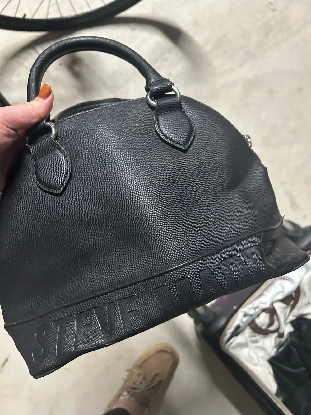 Steve Madden Black Dome Leather Satchel with Embossed Logo
